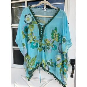 Raffaela D'Angelo Silk Kaftan Top Blue Floral Crochet Trim Made in Italy Small